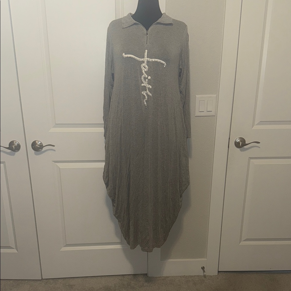 Gray Long Sleeve Faith Athleisure Dress with Beaded Accents - Picture 2 of 4